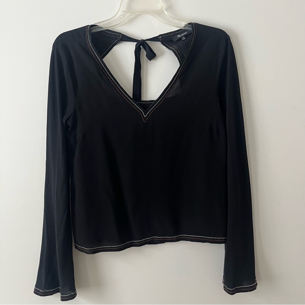 Madewell Silk Bell Sleeve Top XS Black Boho V Neck Tie Back